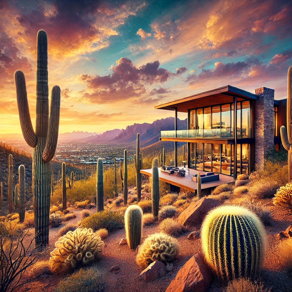 A scenic image of Arizona's landscape, highlighting the unique beauty of the region for a real estate setting. The image features a luxurious modern place